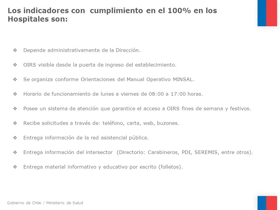 Los indicadores con cumplimiento en el 100% en los Hospitales son: