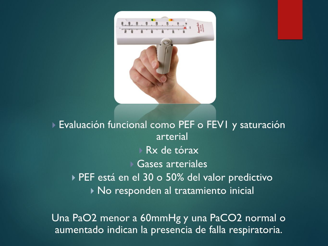 Evaluación funcional como PEF o FEV1 y saturación arterial Rx de tórax