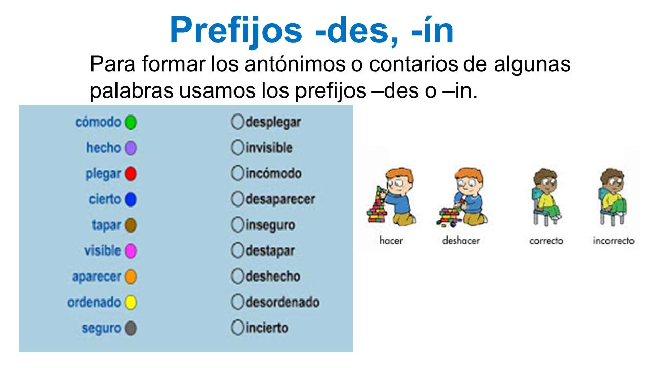 Prefijos -des, -ín Para formar los antónimos o contarios de algunas palabras usamos los prefijos –des o –in.