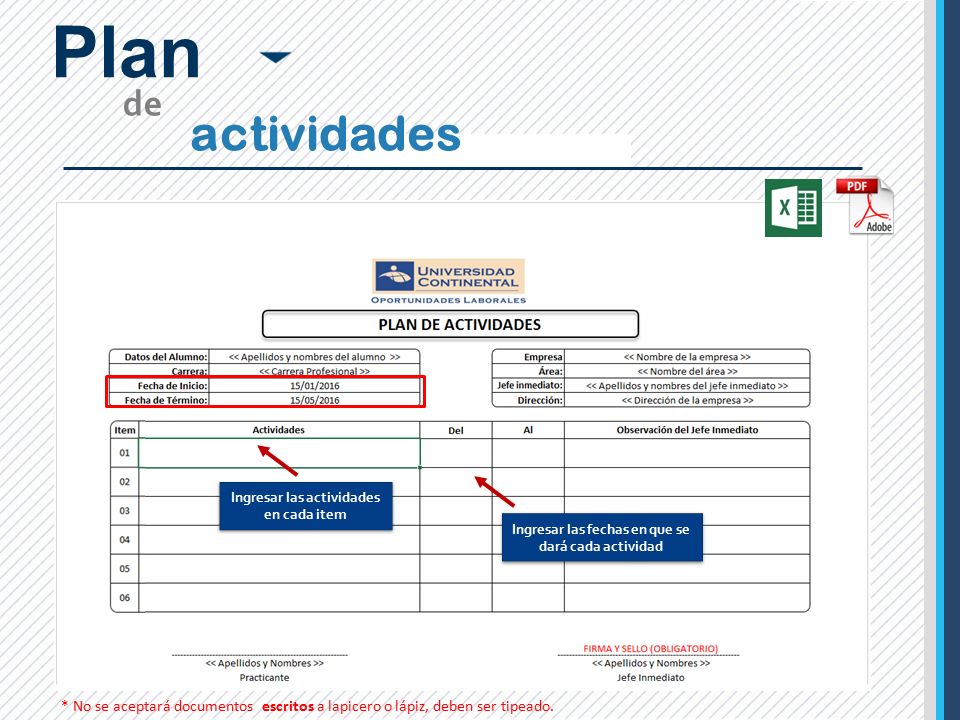 Plan de. actividades. Ingresar las actividades en cada item. Ingresar las fechas en que se dará cada actividad.