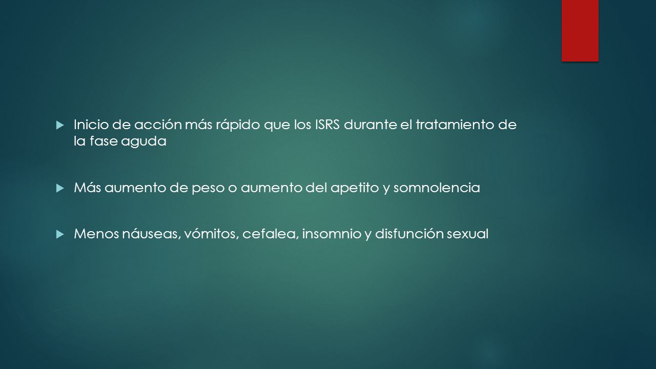 Inicio de acción más rápido que los ISRS durante el tratamiento de la fase aguda