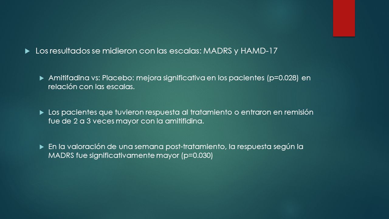 Los resultados se midieron con las escalas: MADRS y HAMD-17