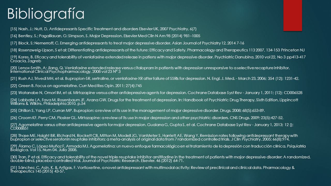 Bibliografía [15] Nash, J.: Nutt, D. Antidepresants Specific Treatment and disorders Elsevier UK, 2007 Psychiatry, 6(7)