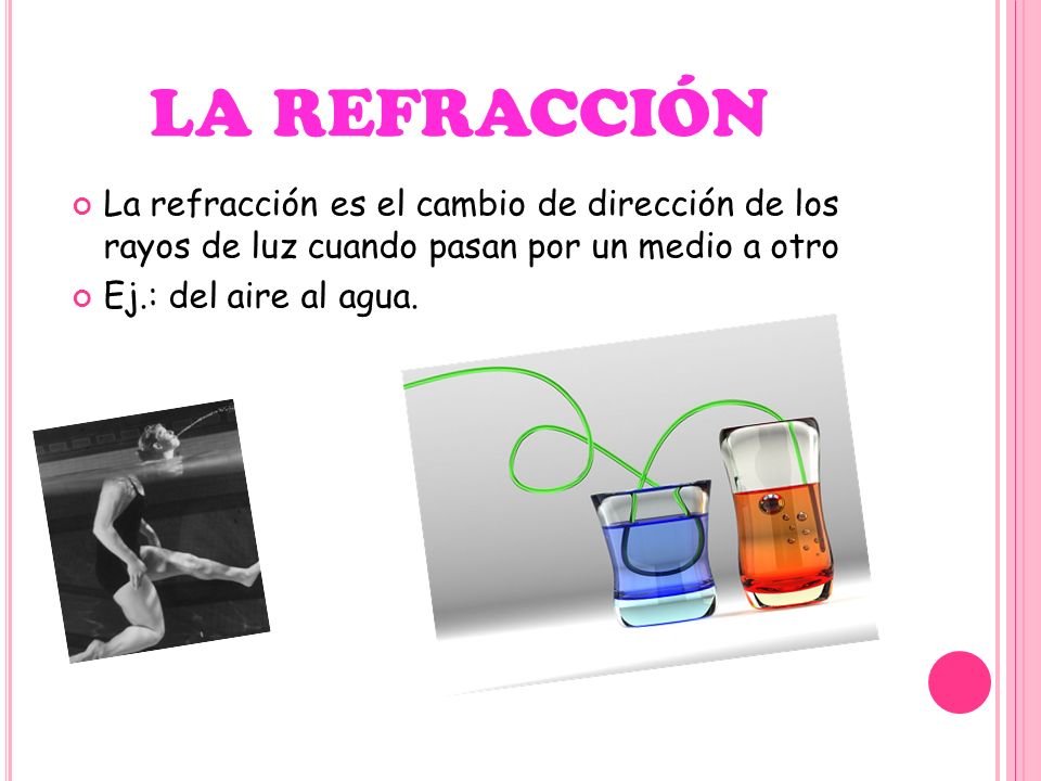 la refracción La refracción es el cambio de dirección de los rayos de luz cuando pasan por un medio a otro.