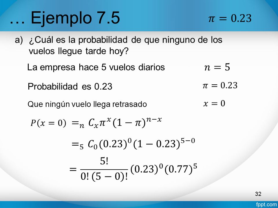 … Ejemplo 7.5 𝜋=0.23 𝑛=5 = 𝑛 𝐶 𝑥 𝜋 𝑥 (1−𝜋) 𝑛−𝑥