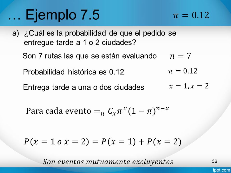 … Ejemplo 7.5 𝜋=0.12 𝑛=7 Para cada evento= 𝑛 𝐶 𝑥 𝜋 𝑥 (1−𝜋) 𝑛−𝑥