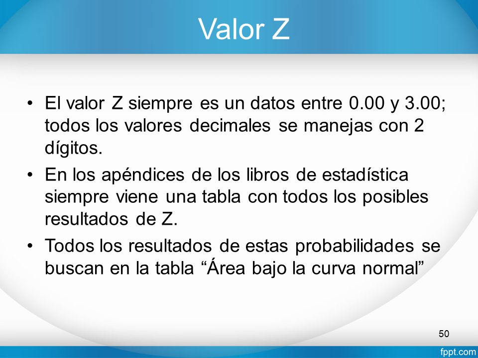 Valor Z El valor Z siempre es un datos entre 0.00 y 3.00; todos los valores decimales se manejas con 2 dígitos.