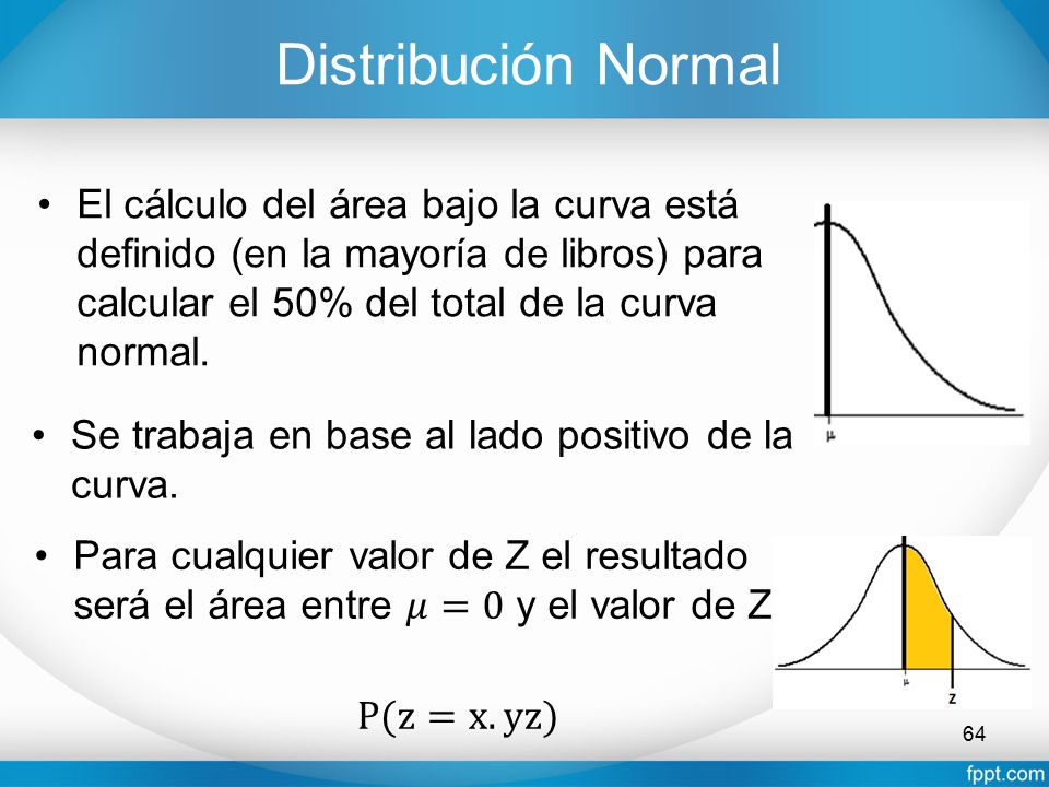 Distribución Normal El cálculo del área bajo la curva está definido (en la mayoría de libros) para calcular el 50% del total de la curva normal.