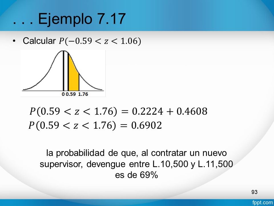 . . . Ejemplo 7.17 Calcular 𝑃(−0.59<𝑧<1.06) 𝑃 0.59<𝑧<1.76 = 𝑃 0.59<𝑧<1.76 =