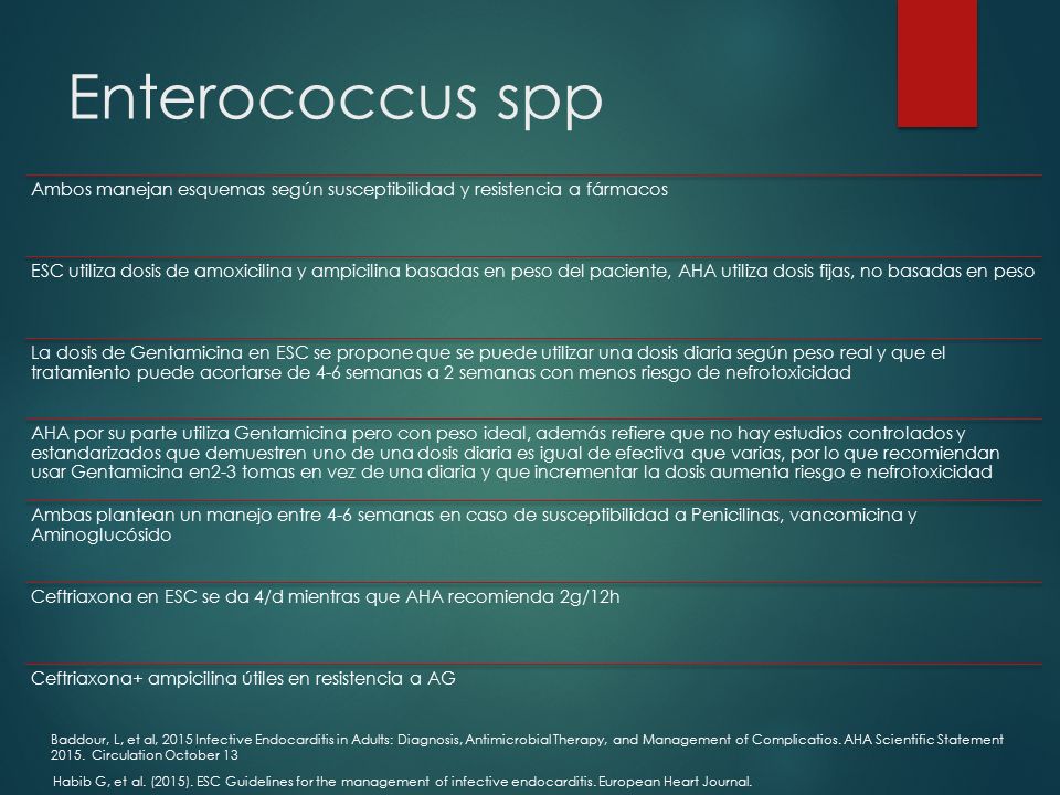 Enterococcus spp Ambos manejan esquemas según susceptibilidad y resistencia a fármacos.