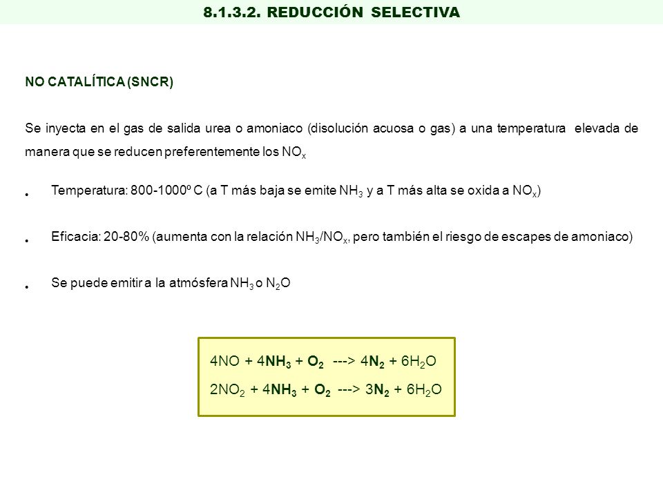 REDUCCIÓN SELECTIVA 4NO + 4NH3 + O2 ---> 4N2 + 6H2O