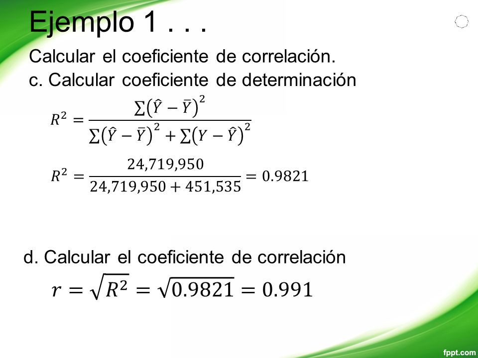 Ejemplo Calcular el coeficiente de correlación. c. Calcular coeficiente de determinación.