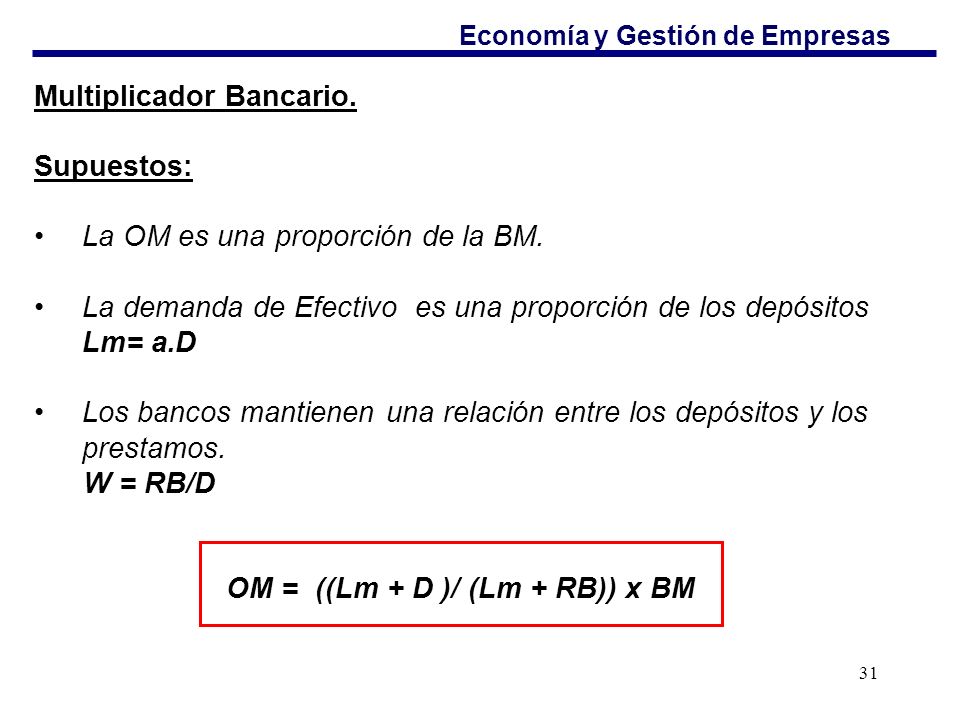 Multiplicador Bancario. Supuestos: La OM es una proporción de la BM.