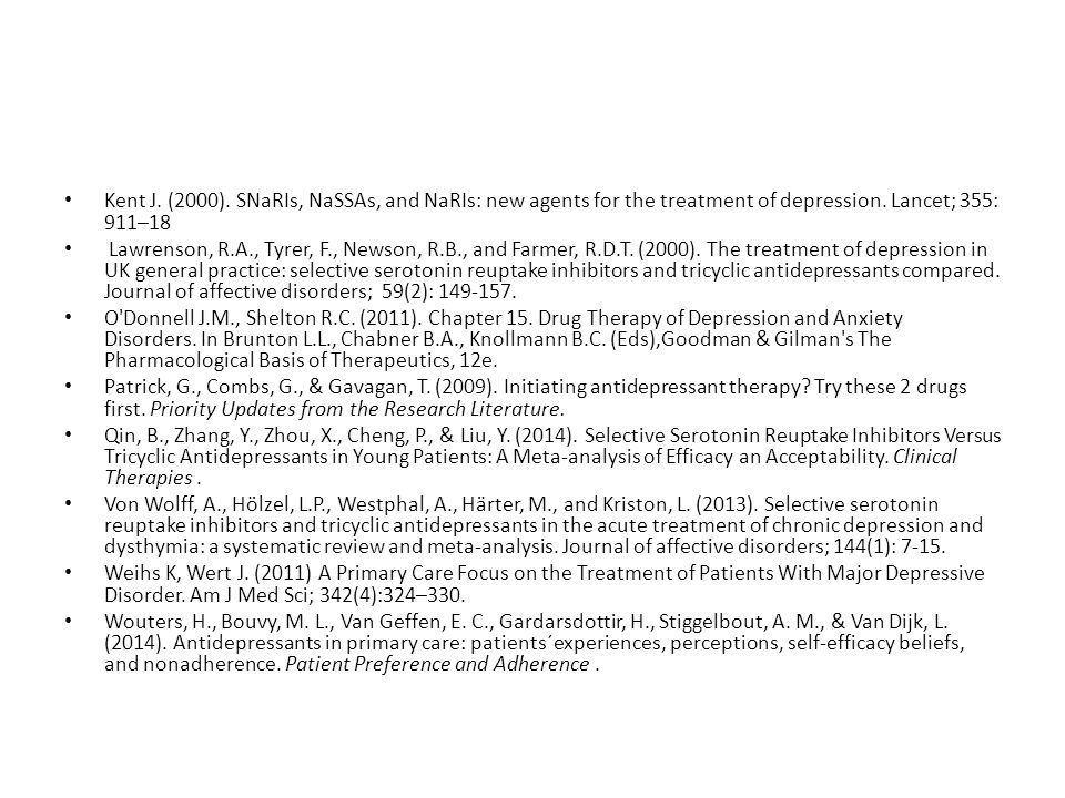 Kent J. (2000). SNaRIs, NaSSAs, and NaRIs: new agents for the treatment of depression. Lancet; 355: 911–18