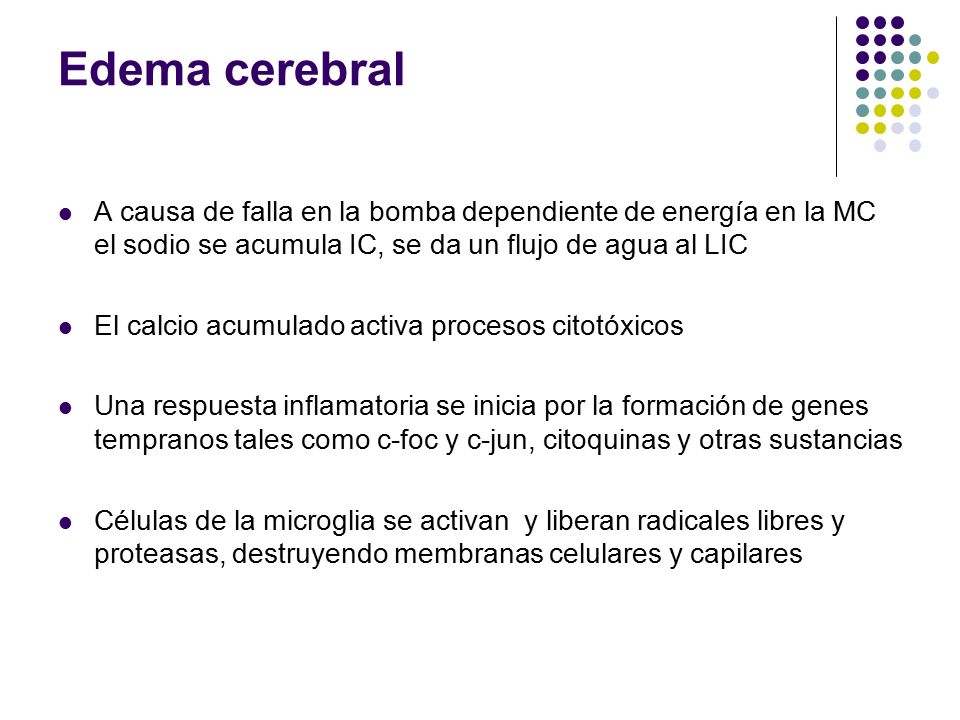 Edema cerebral A causa de falla en la bomba dependiente de energía en la MC el sodio se acumula IC, se da un flujo de agua al LIC.
