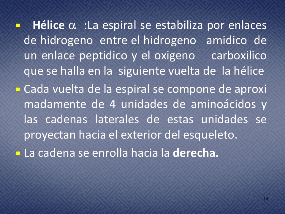 Hélice  :La espiral se estabiliza por enlaces de hidrogeno entre el hidrogeno amidico de un enlace peptidico y el oxigeno carboxilico que se halla en la siguiente vuelta de la hélice